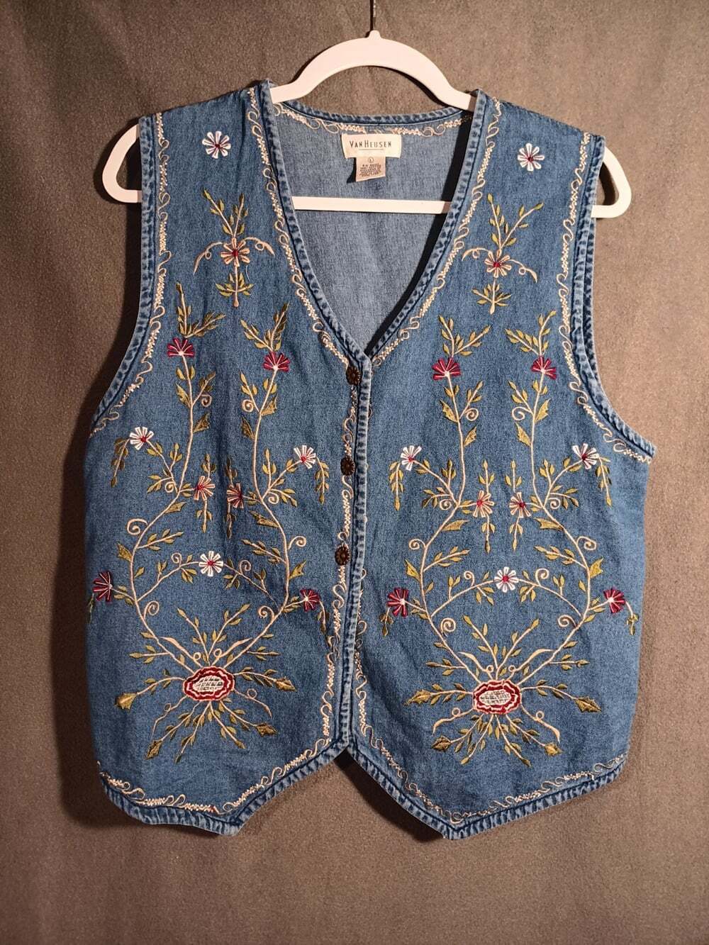 Vintage 90s Y2K Denim Floral Embroidered Vest Women’s Large Boho Cottagecore
